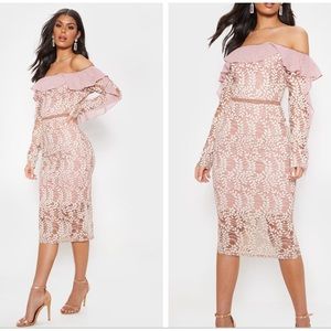PrettyLittle Thing Dusty Pink Bardot Lace Frill Sleeve Midi Dress Size 6